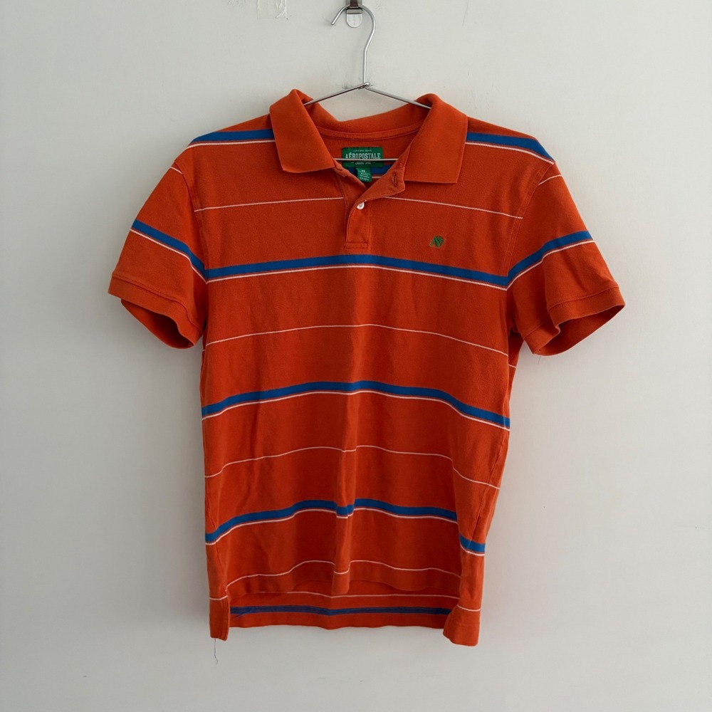 Aeropostale Slim Fit Orange Striped Polo Shirt Medium